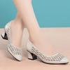 Fashion 2025 Summer Fashion Hollow Out Genuine Leather Pumps Women Shoes Med Heels Square Heel Mesh  Office Shoes Crystal