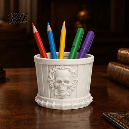 Decorative Skull Statue Gothic Pen Holder, 3D Printed PLA Stationery Organizer, Creative Gift for Men Halloween Theme Container Makeup Brushes