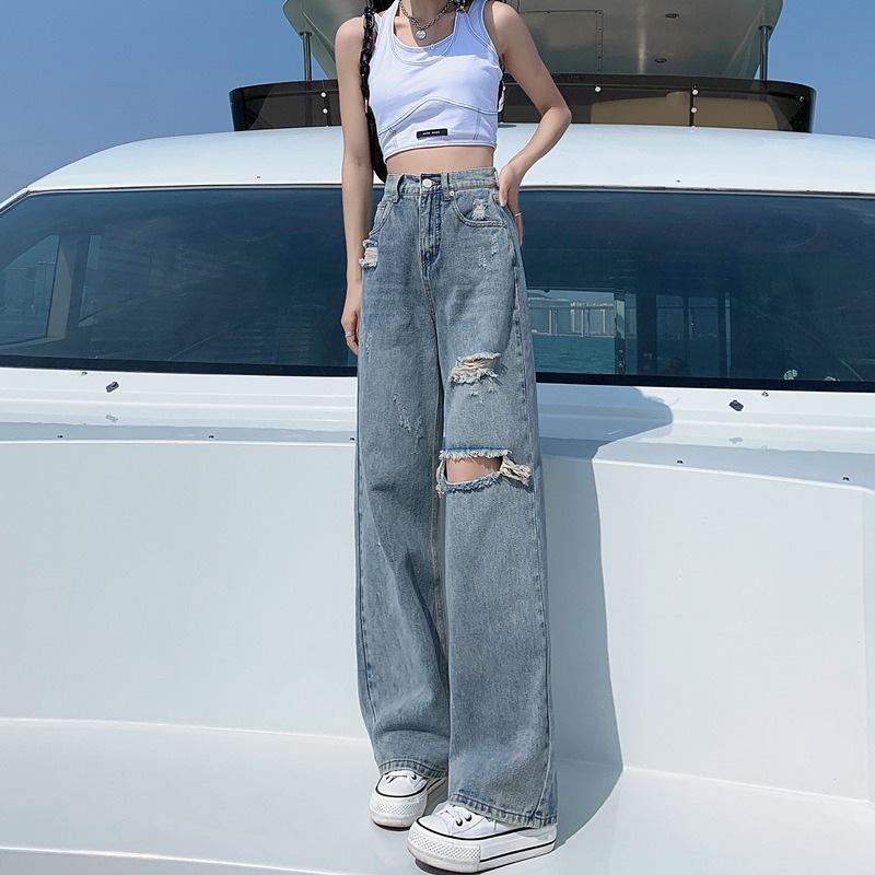 Women s Summer 2025 High-Waisted Ripped Jeans - Loose, Slimming Straight-Leg Wide Pants 2XL