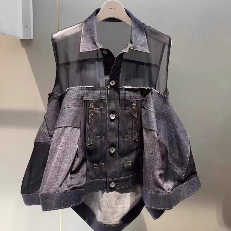 

FOG SACAI 2025 Spring/Summer Semi-Transparent Sleeveless Denim Vest with Color Block Patchwork. Small темно-синього кольору