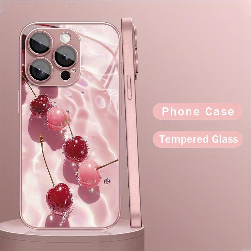 Kristallkirschenmuster Rosa Metallic-Lack Glas Harte Handyhülle Für iPhone 17 15 16 11 12 13 14 Pro Max Plus 16E 17Air Hülle