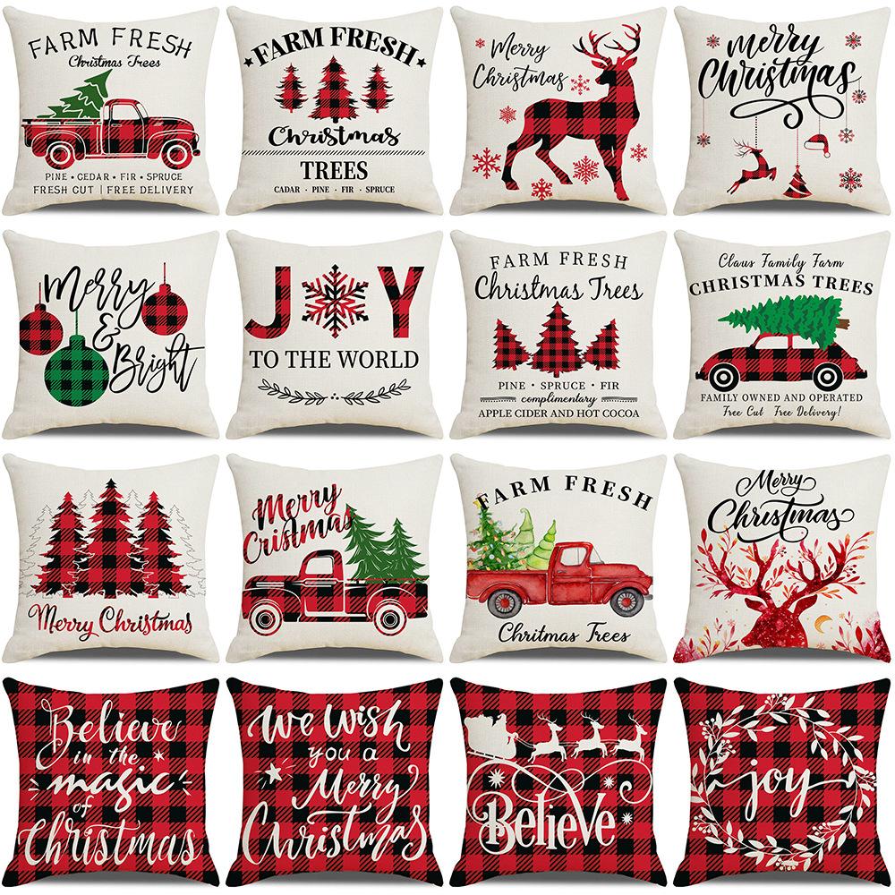 Red Plaid Christmas Linen Pillow Cover New Home Sofa Cushion Cover Cushion Cover