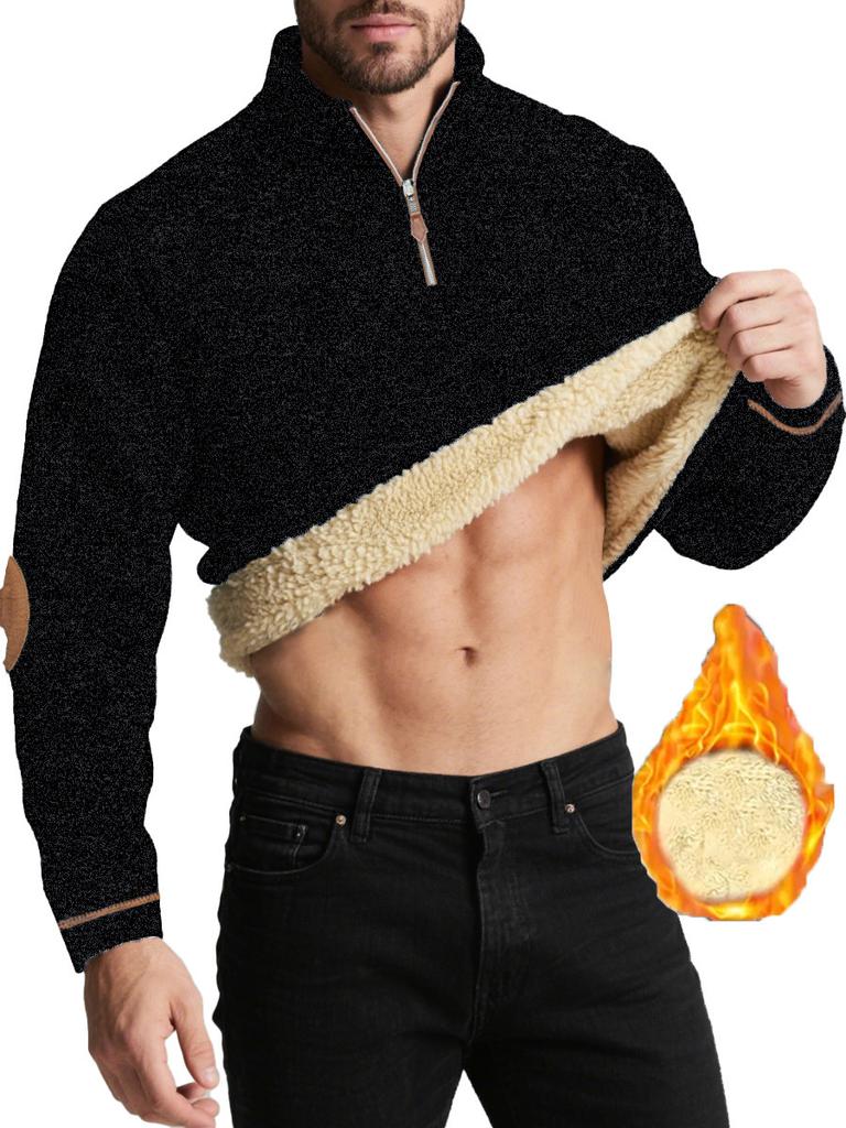 Autumn New Men's Casual Quarter Zip Fleece Lined Sweatshirt with Elbow Patches Solid Color Warm Sportswear Male Fashion Outerwear