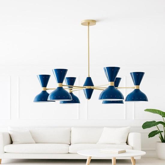 Blue Cone Chandelier Mid Century Modern Italian Style Ceiling Lamp  6 Cones