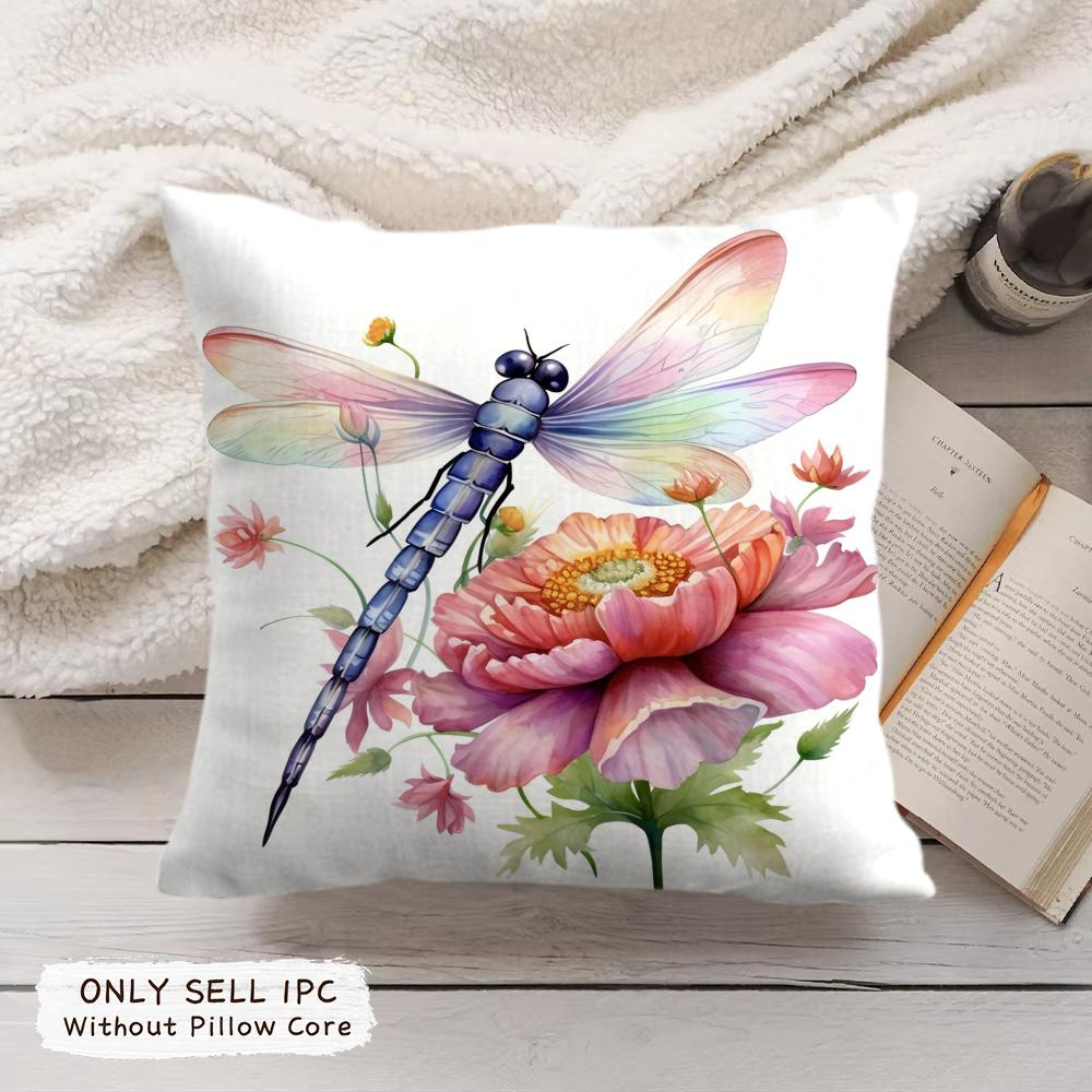 Dragonfly And Flower Cushion Cover Soft Short Plush Pillow Cover Smooth Cozy Texture Aesthetic Cushion Case Home Decor