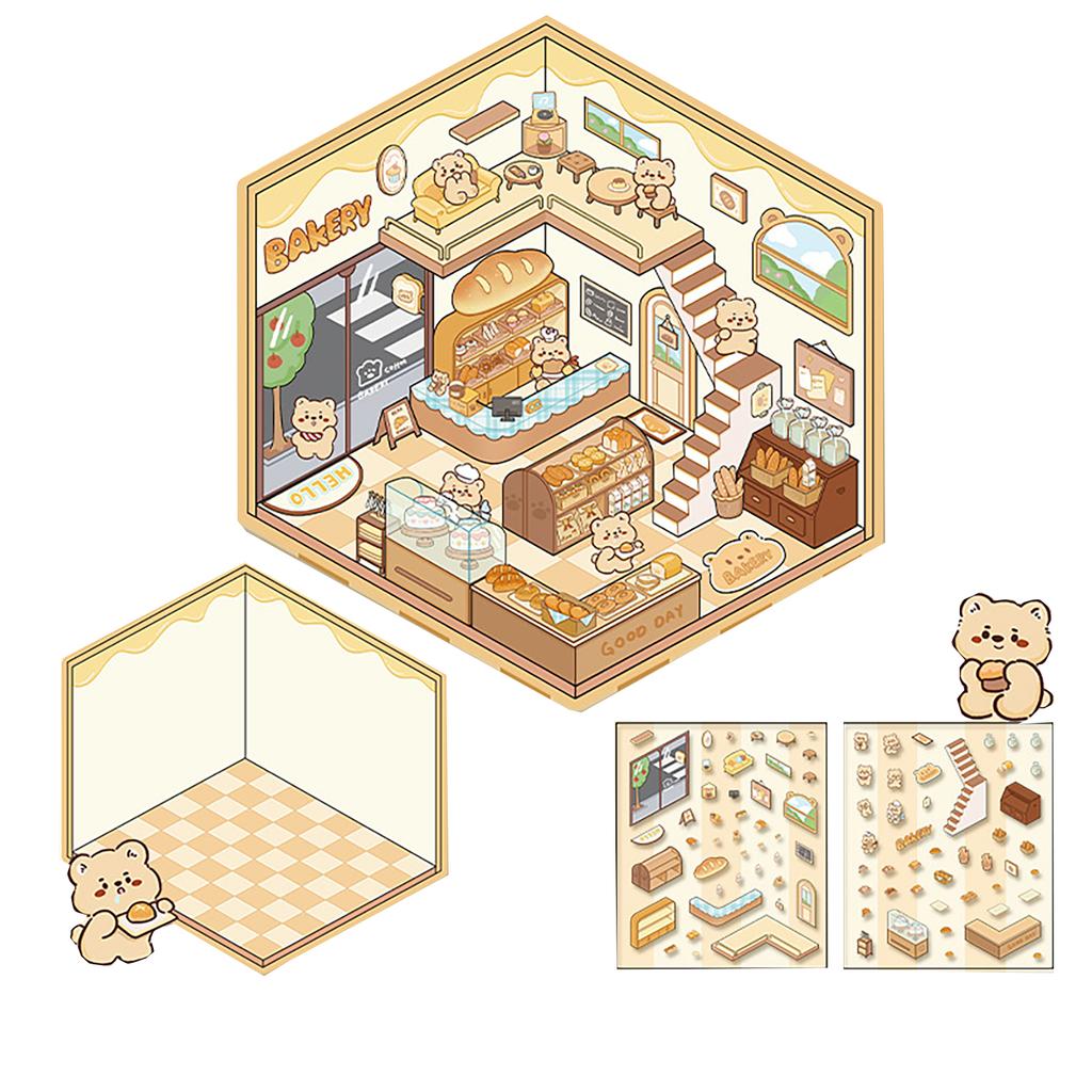 3D Scene Sticker Cartoon Scenery Sticker Miniature Simulated Cabin Scene Sticker for Scrapbooking Journal Planner Album