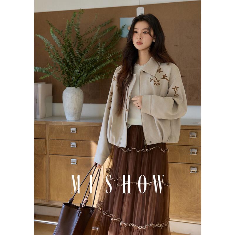 Women s Light Retro Embroidered Faux Suede Short Jacket L