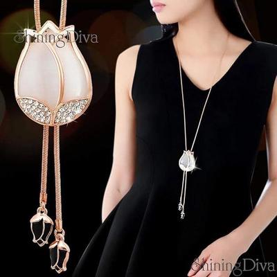 Shining Diva Fashion Latest Crystal Opal Tulip Flower Long Chain Pendant Necklace for Women