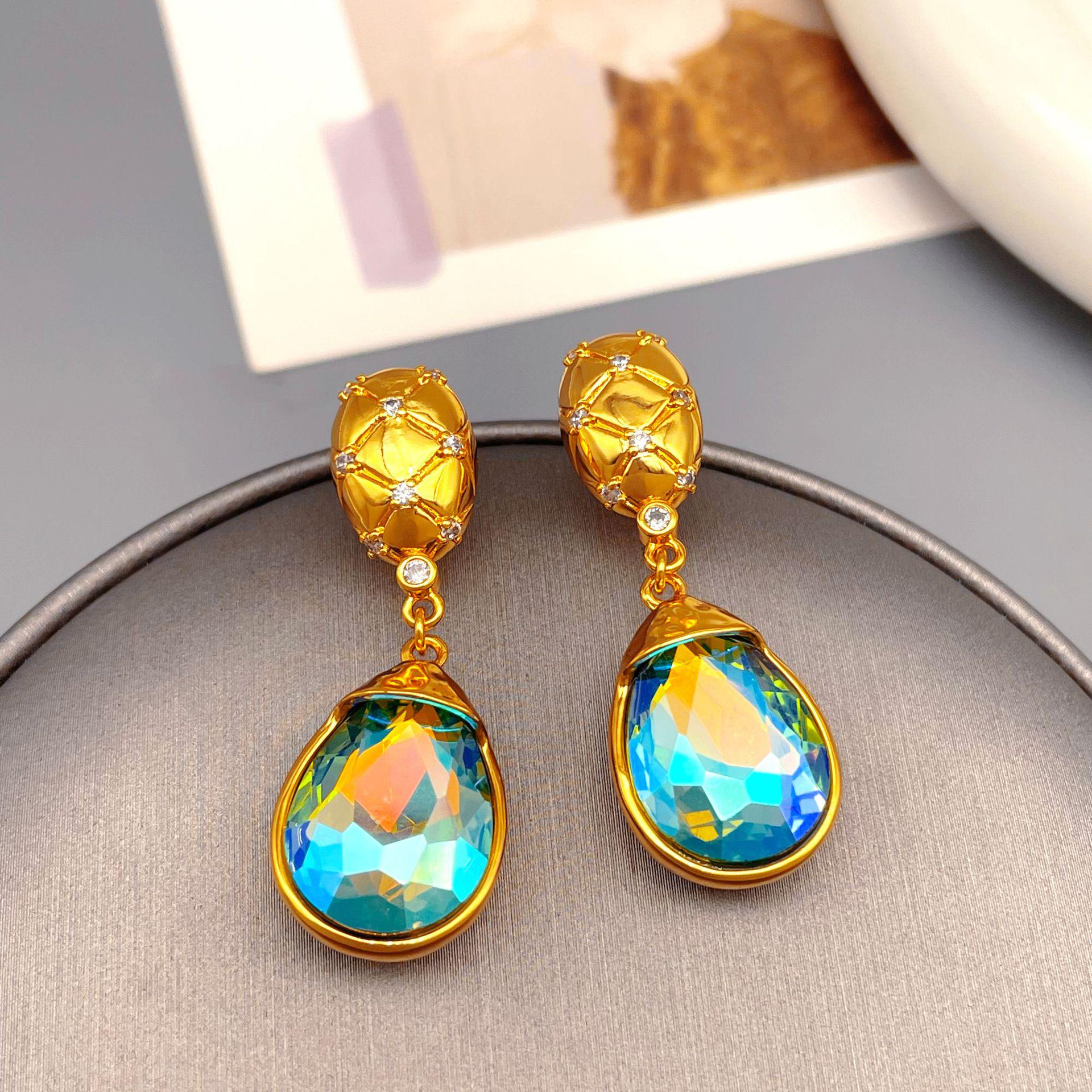 

Elegant Crystal Glass Peacock Feather Dangle Earrings - European & American Retro Style