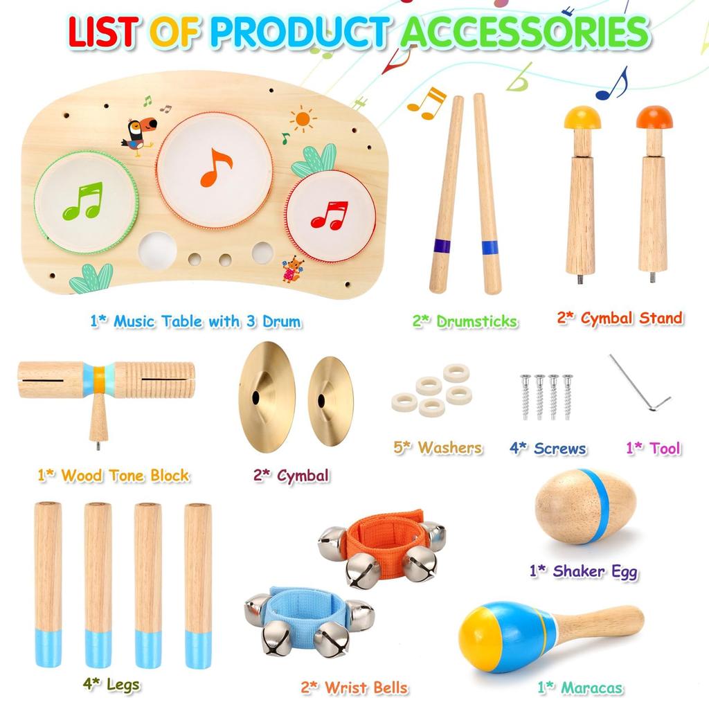 OATHX Kids Drum Set 11 In 1 Musical Instrument for Preschool Educational Musical Montessori Toddler Drum Percussion Birthday Gift for Boys and Ages -