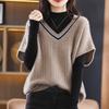 Women's Short Sleeve Knitted Vest Spring Fall Contrast V Neck Pullovers Jumper Loose Casual Ladies Gilet Sweater
