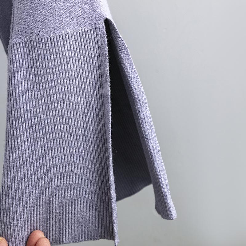 Loose Knit Sweater Suit Autumn Winter Women Horn Sleeve Round Collar Slit Two Piece Sets