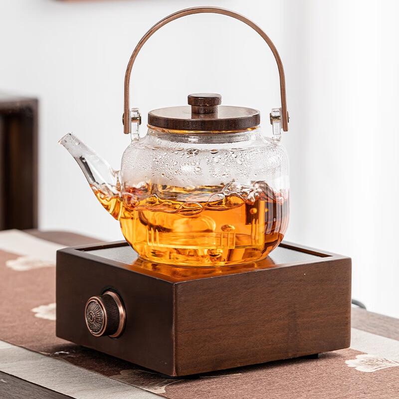 Walnut Wood Glass Tea Pot & Ceramic Stove Set