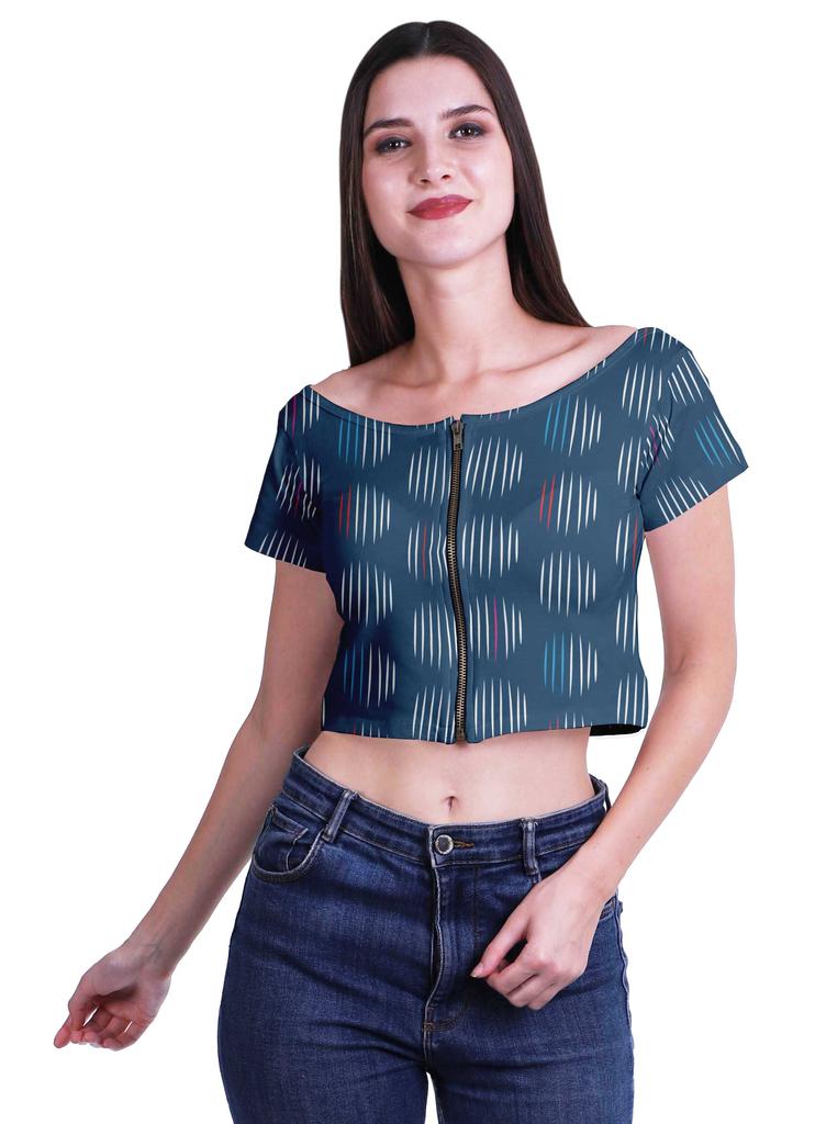 Moomaya Printed Boat Neck Womens Sexy Summer Tops Zip Front Viscose Crop Top