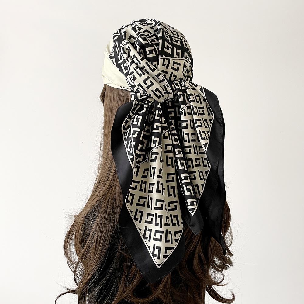 Big Scarf Spring and Summer Versatile Shawl Print European and American Color-blocking Satin Emulation Silk Twill Women's Scarf Collar