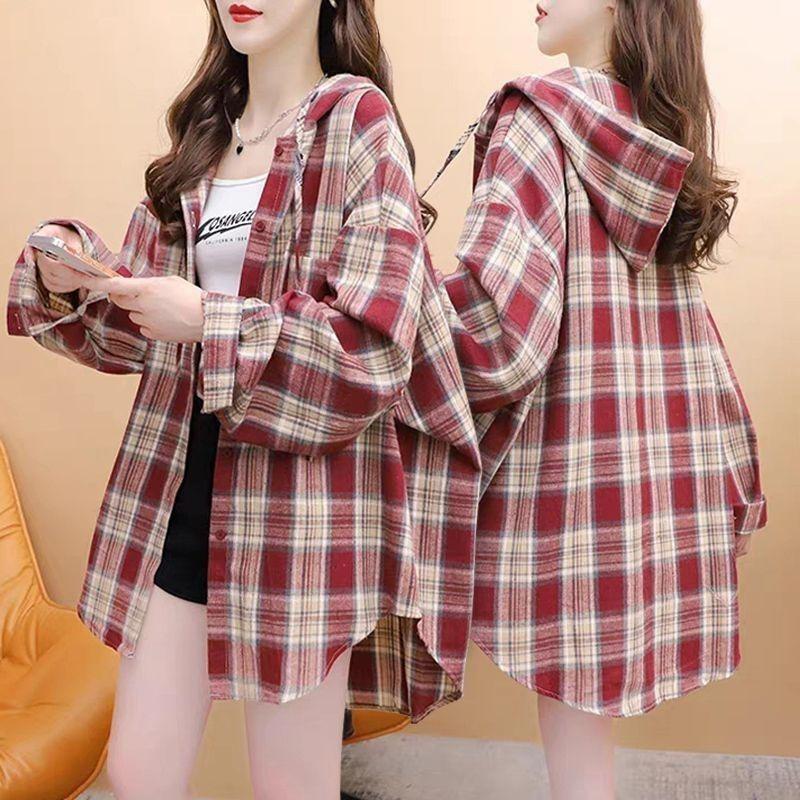 Autunno Cotone Lino Abbottonato con Cappuccio Plaid Blusa Taglia Forte Artistica Camicia a Maniche Lunghe Top per Donna
