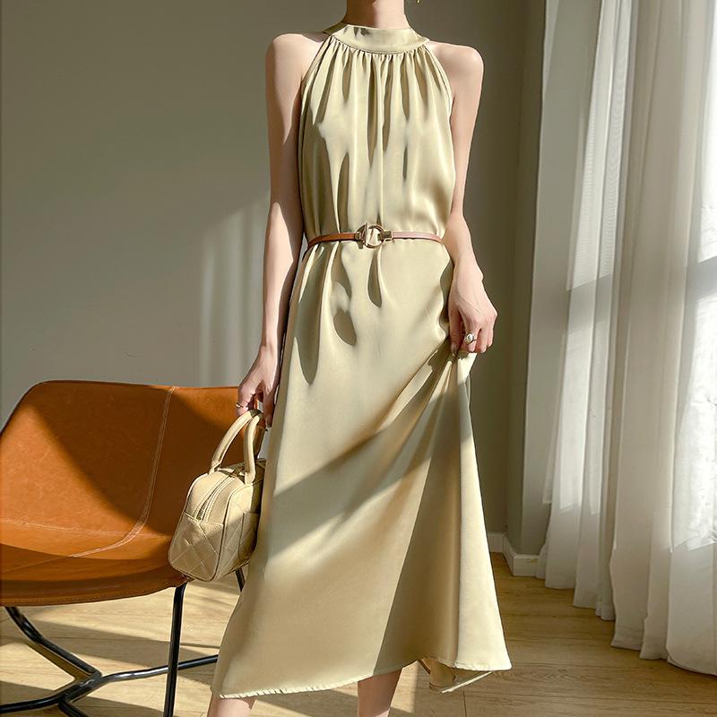 2024 Summer Women's French Retro Acetate Satin Halter Neck Sleeveless Dress