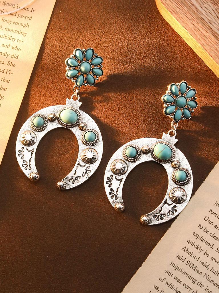 Bohemian Ethnic Style Earrings: Rhinestone & Turquoise Pendant for Women - Retro Versatile Design