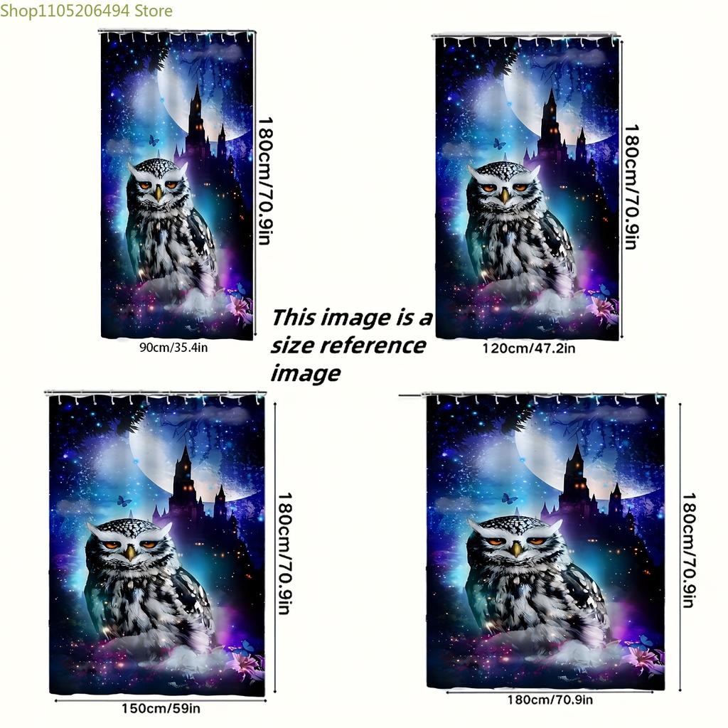 Warner 1pc Cute Printed Bathroom Shower Curtain with Owl and Castle Pattern, Creative, Suitable for Home Bathroom/Home Decor,