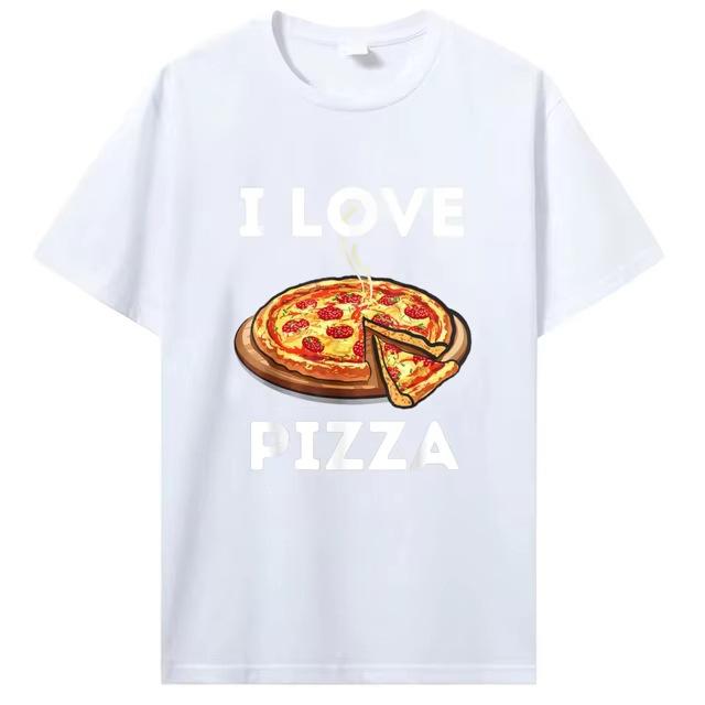 Cross-border Western trendy T-shirts for men, I Love Food tops, pizza cartoon print T-shirts, men's short-sleeve T-shirts