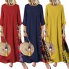 Plus Size Women Vintage O Neck 3/4 Sleeve Side Buttons Printed Loose Long Dress
