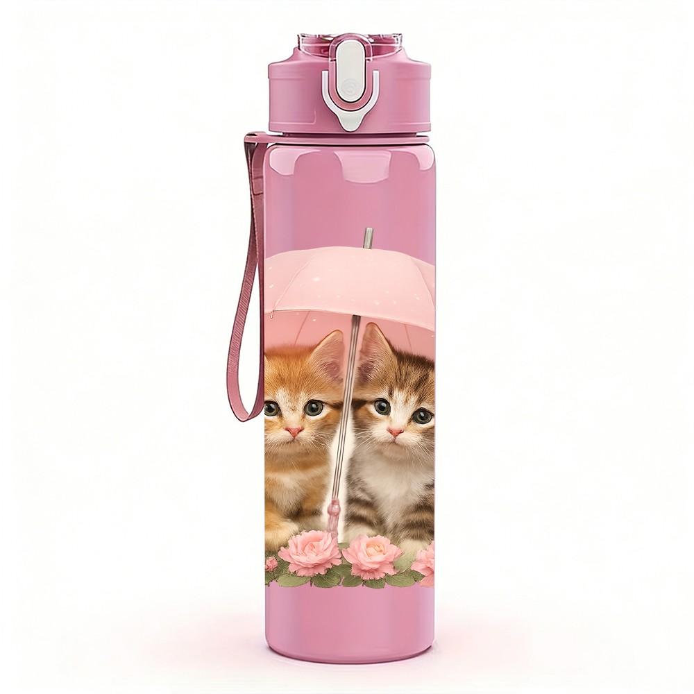 1PC Two Kittens Under Pink Umbrella 750ml Color Plastic Sports Water Bottle Leakproof Flip Straw Lid For Sports Office Home Use