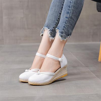 Versión coreana de sandalias para mujer, sandalias con tacón de cuña, cómodas sandalias con hebilla de cáñamo en punta para mujer