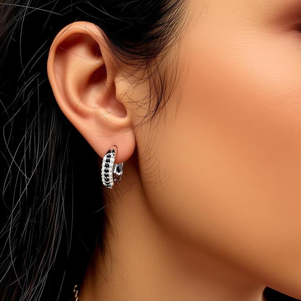 BLACK AWN Exquisite Small Round Hoop Earrings Black Stone Earrings for Women Hoop Earring Jewelry