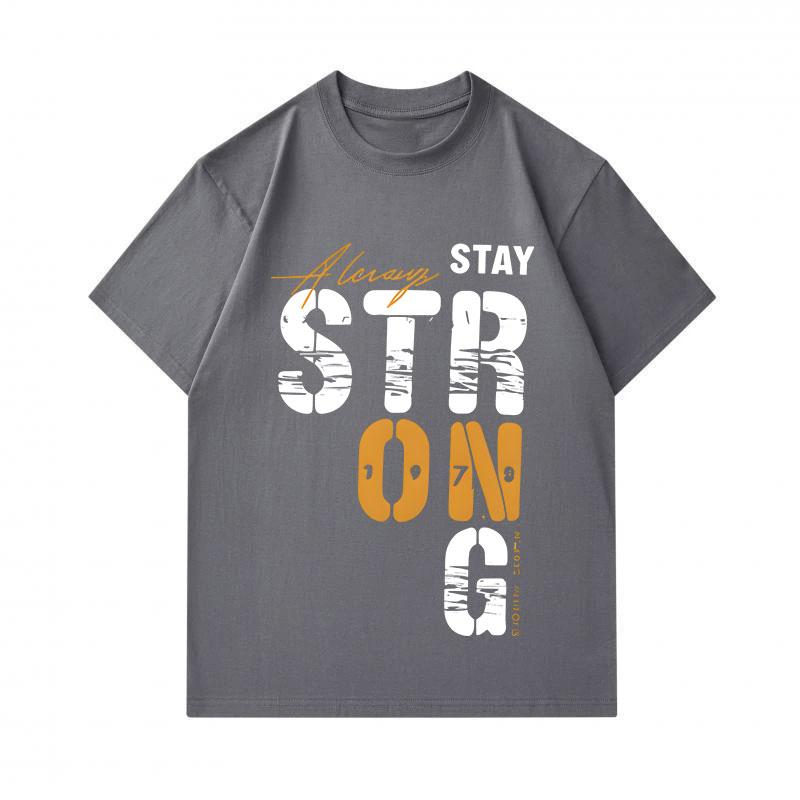 Men's 100% Cotton Crew Neck Short Sleeve T-Shirt, Always Stay Strong Letter Print Casual Comfortable Lightweight Tee for Daily Home Outdoor Wear, Loos