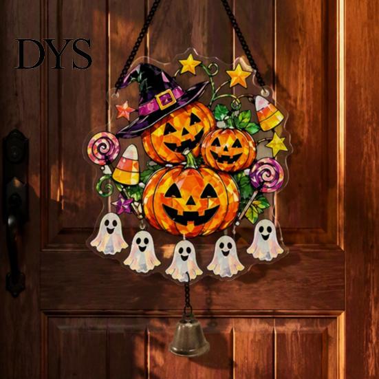 Festive Door Hangers Halloween Acrylic Pumpkin Hanging Decoration, Cartoon Ghost Ornament with Decorative Pendant Bell, Suncatcher Decor for