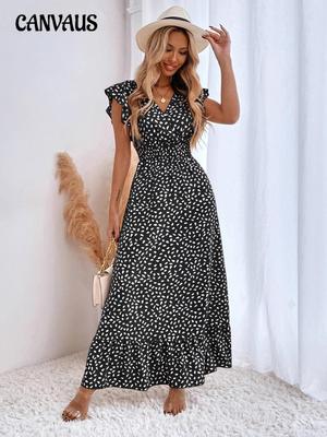 Spring and Summer Women's Dress V-Neck Waist Sleeveless Long Ruffle Elegant Dress