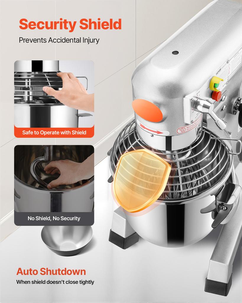SucceBuy 10L Commercial Food Mixer 3 Speeds Adjustable 110/178/390 RPM Stainless Steel Bowl Dough Hooks Whisk Beater Premium