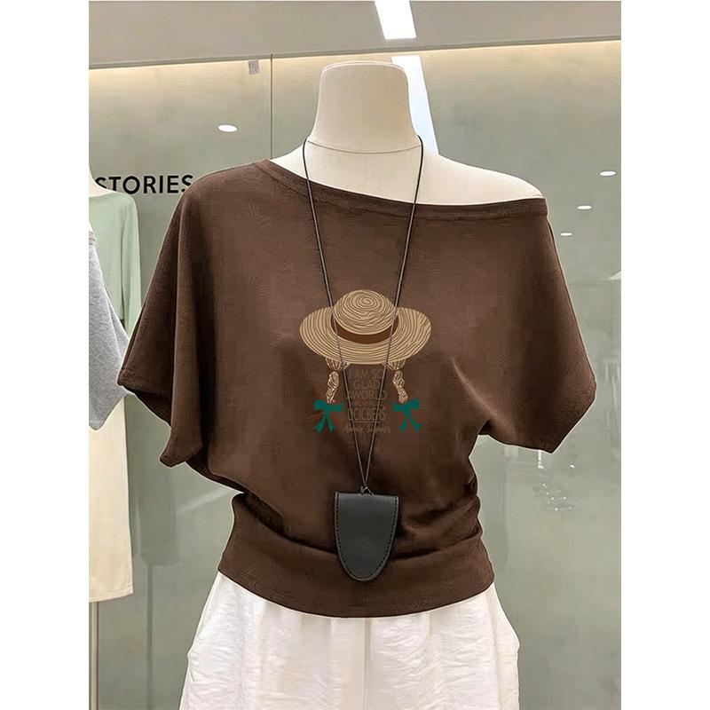 Korean design diagonal collar off-shoulder short-sleeved t-shirt women s summer new brown fashion high-end top S