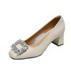 Leather square head soft leather light mouth square buckle rhinestone high heels women's work shoes professional fashion versatile thick low heel sin