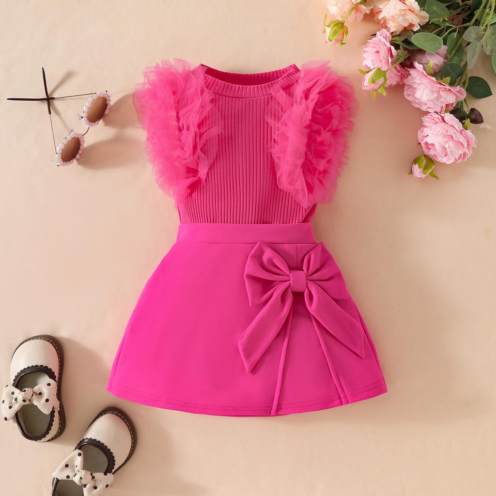 Conjunto de verão para meninas de 6 meses a 3 anos, blusa sem mangas + saia cor sólida com laço e bustiê