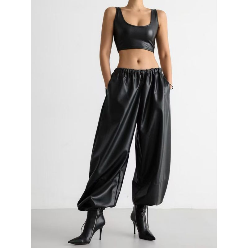 Fashion Style Drawstring Ankle-Tied Bloomers Loose Leather Pants PU Leather Pants Loose PU Leather Pants