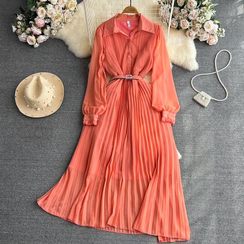 

Chic Elegant Lapel A- line Pleated Large Swing Dress Orange Pink All yards