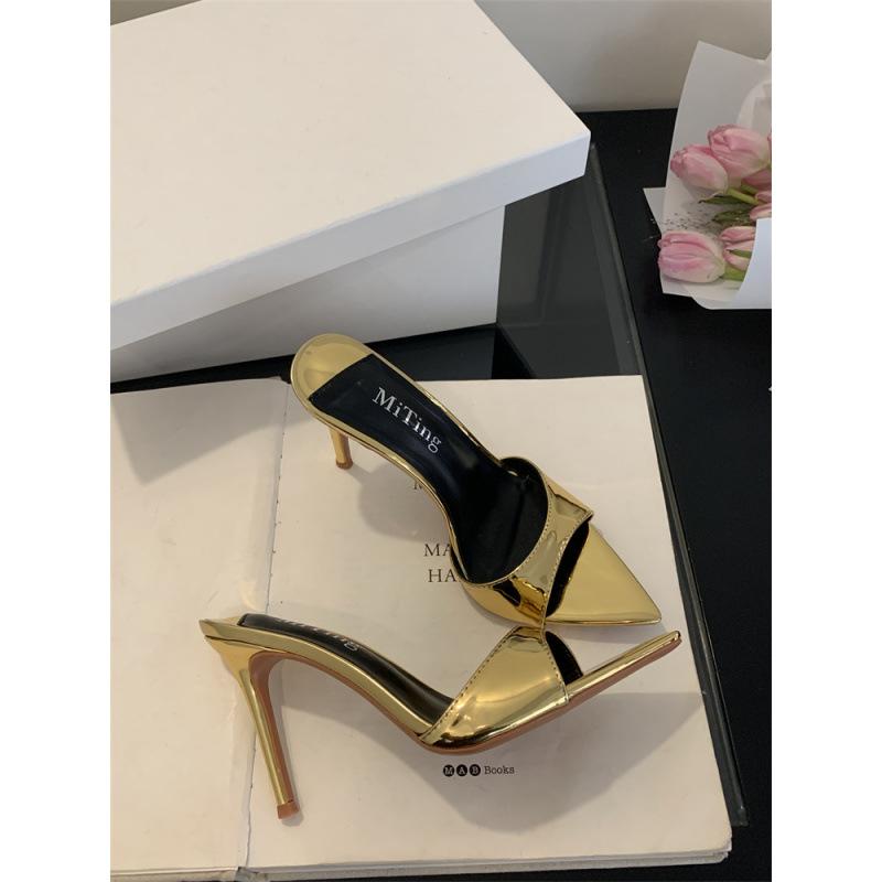 2025 Spring and Autumn New Fashion Versatile Open-toed Pointed Head Patent Leather Thin Heel One-word Drag Women Wear Cool Slippers High