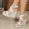 Women's Beige Espadrille Wedge Sandals - Ankle Buckle, Open Toe, Thick Sole, Strappy Summer Fashion Heels