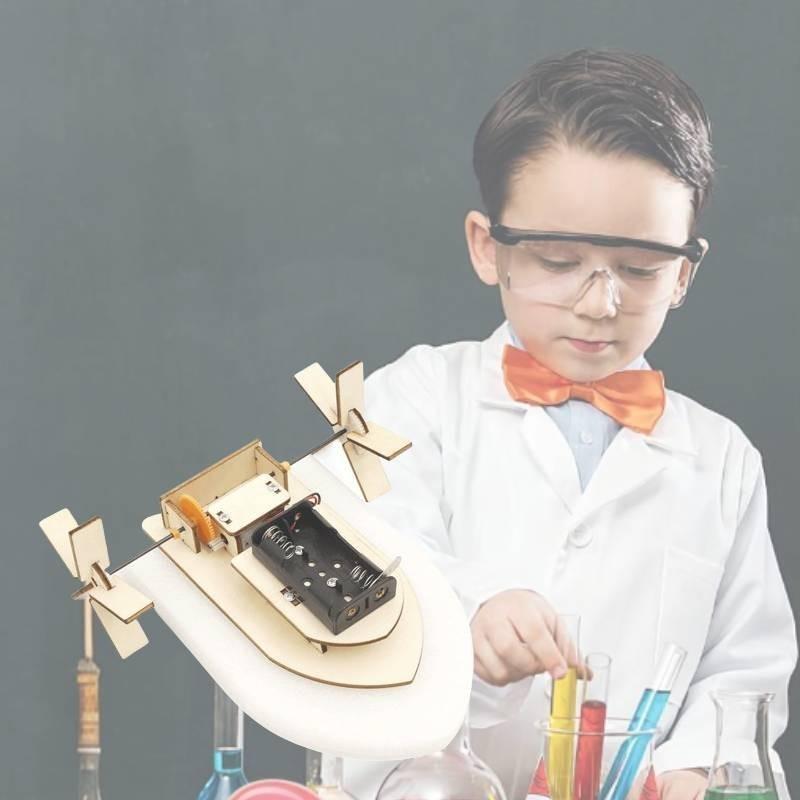 Children's Diy Wooden Science Kit For Building Technology Handmade Steamboat With Light Wheel