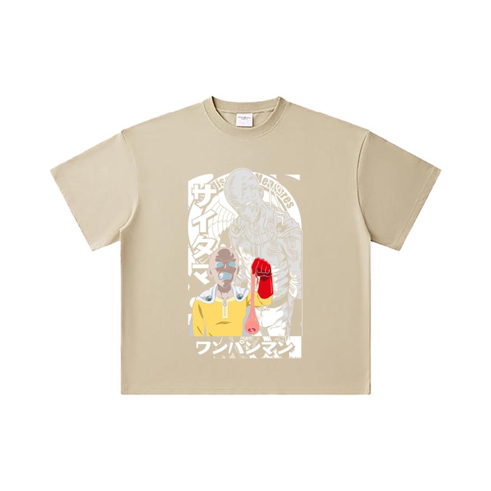 260 GSM Double Yarn 32 Count 100% Cotton One Punch Man V6 Saitama Print Unisex Heavy Cotton T Shirt