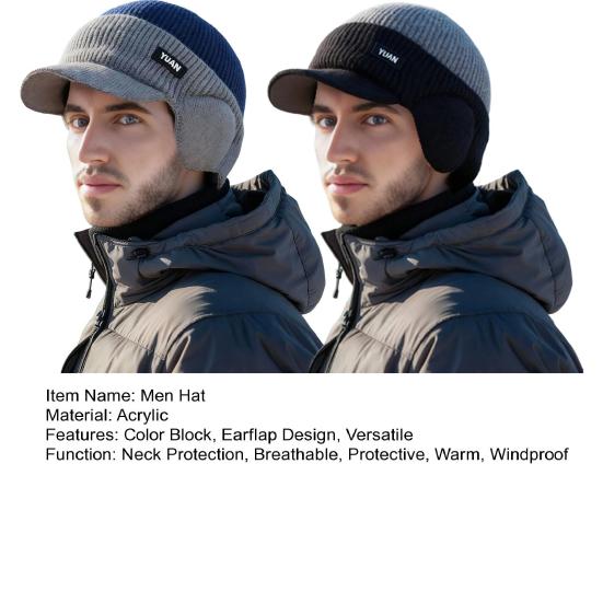 1/2Pcs Men Hat Sleek Color Block Knit Earflap Hat with Stretch-Fit Elastic Warm Thick Winter Hat Cold Weather Outdoor Winter Skiing Hiking Headwear