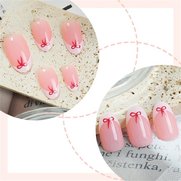 24pcs Short Almond Press On Nail Artificial Nail Glossy Bows Designs French Tip Stick on Nail for a Stylish Look