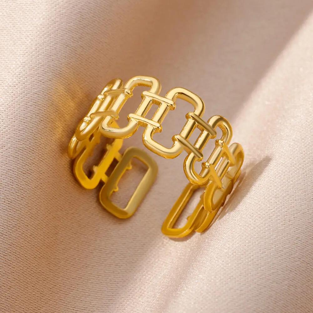 Stainless Steel Rings For Women Men Gold Color Hollow Wide Open Ring Female Male Fashion Wedding Party Finger Jewelry Gift