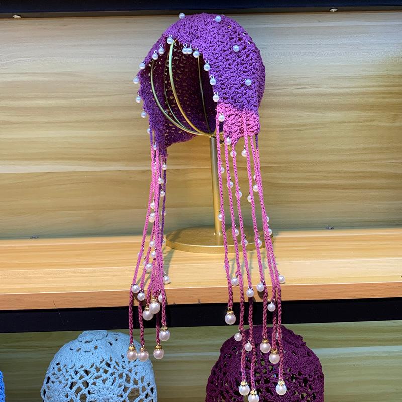 Exotic Hollow Pearl Tassel Bag Head Hat Women's Spring and Summer Handmade Crochet Princess Hat Original Retro Literature and Art