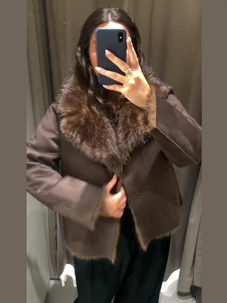 Women's Double-sided Winter Jacket Women's Synthetic Fur Suede Jacket Ladies' Warm Collar Button Top Brown Autumn and Winter
