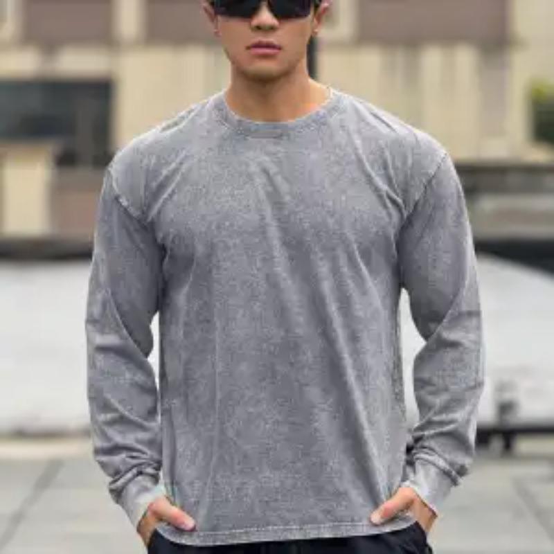 

Mens Casual Washed Long Sleeve Crew Neck Loose Fit T Shirt S серый