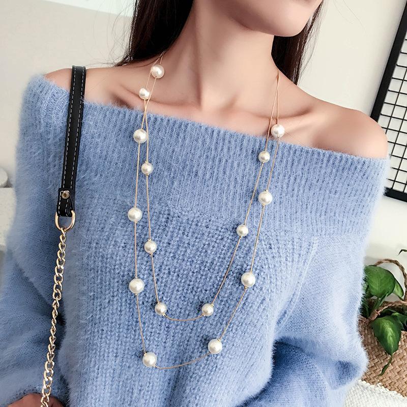 New Elegant Long Double Layer Simulated Pearl Necklace Women Sweater Chain Female Collares Statement Jewlery Accesories