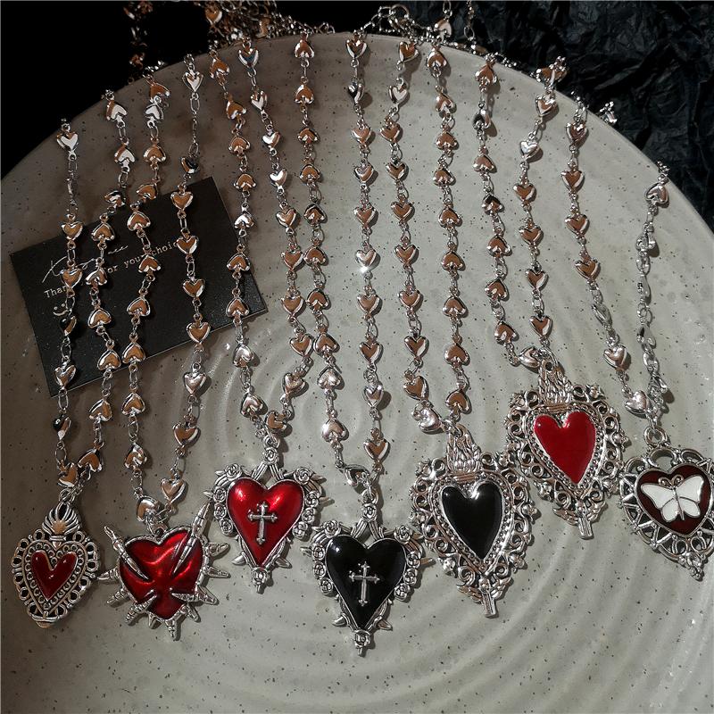 Gothic Rock Black Heart Pendant Love Chain Necklace For Women Men Y2K Personalized Halloween Charm Grunge Jewelry Accessories