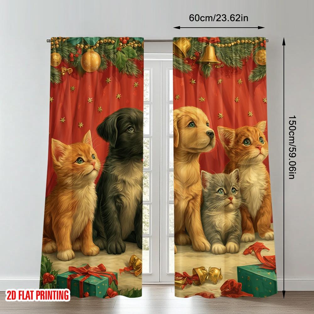 2pcs 2D Flat Printing Christmas Curtains Christmas Puppies Kittens Gifts Digital Printed Polyester Drapes Party & Holiday Decor